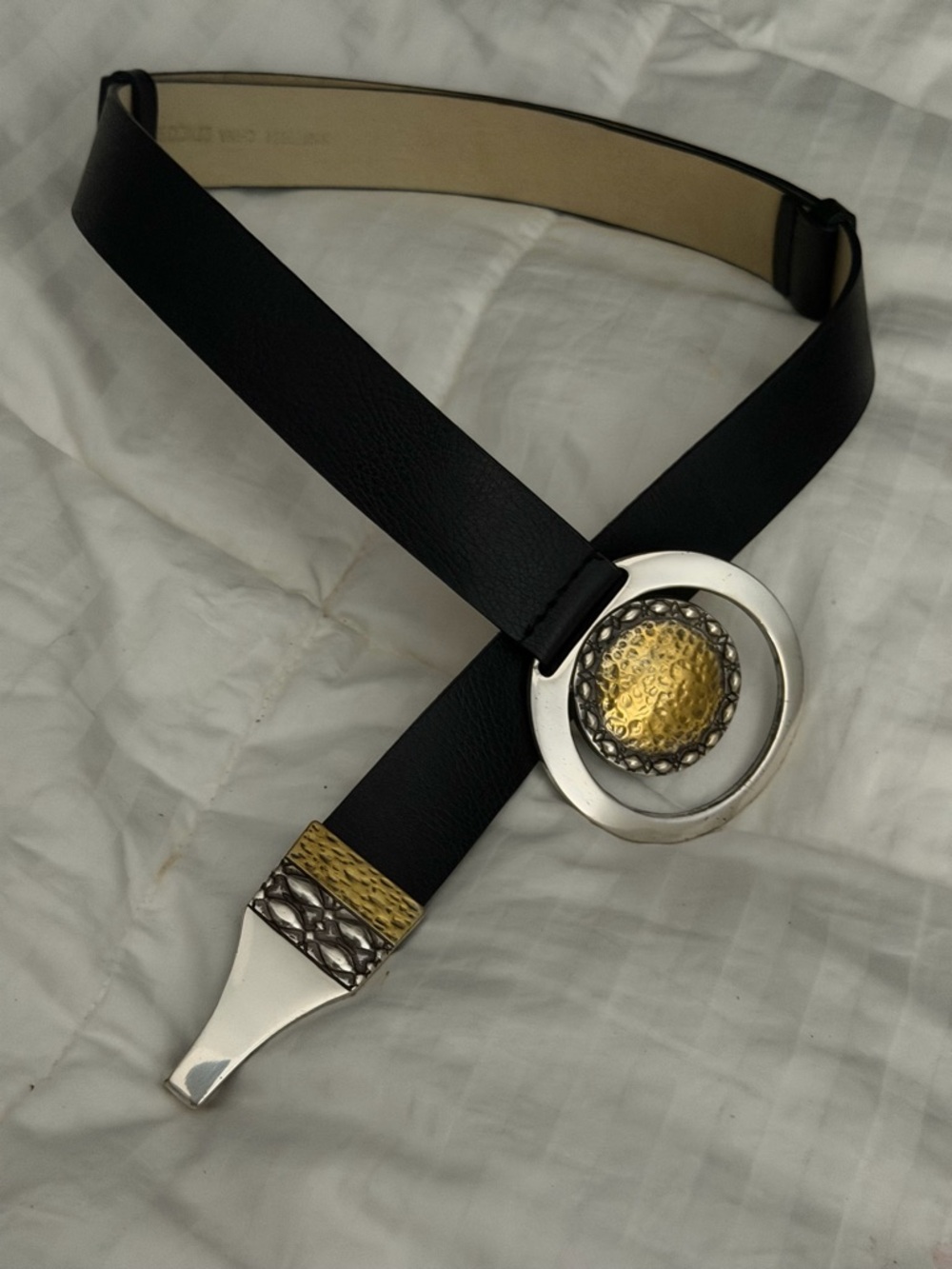Chico’s Black Leather Belt with Gold-Tone Hammered Medallion M/L